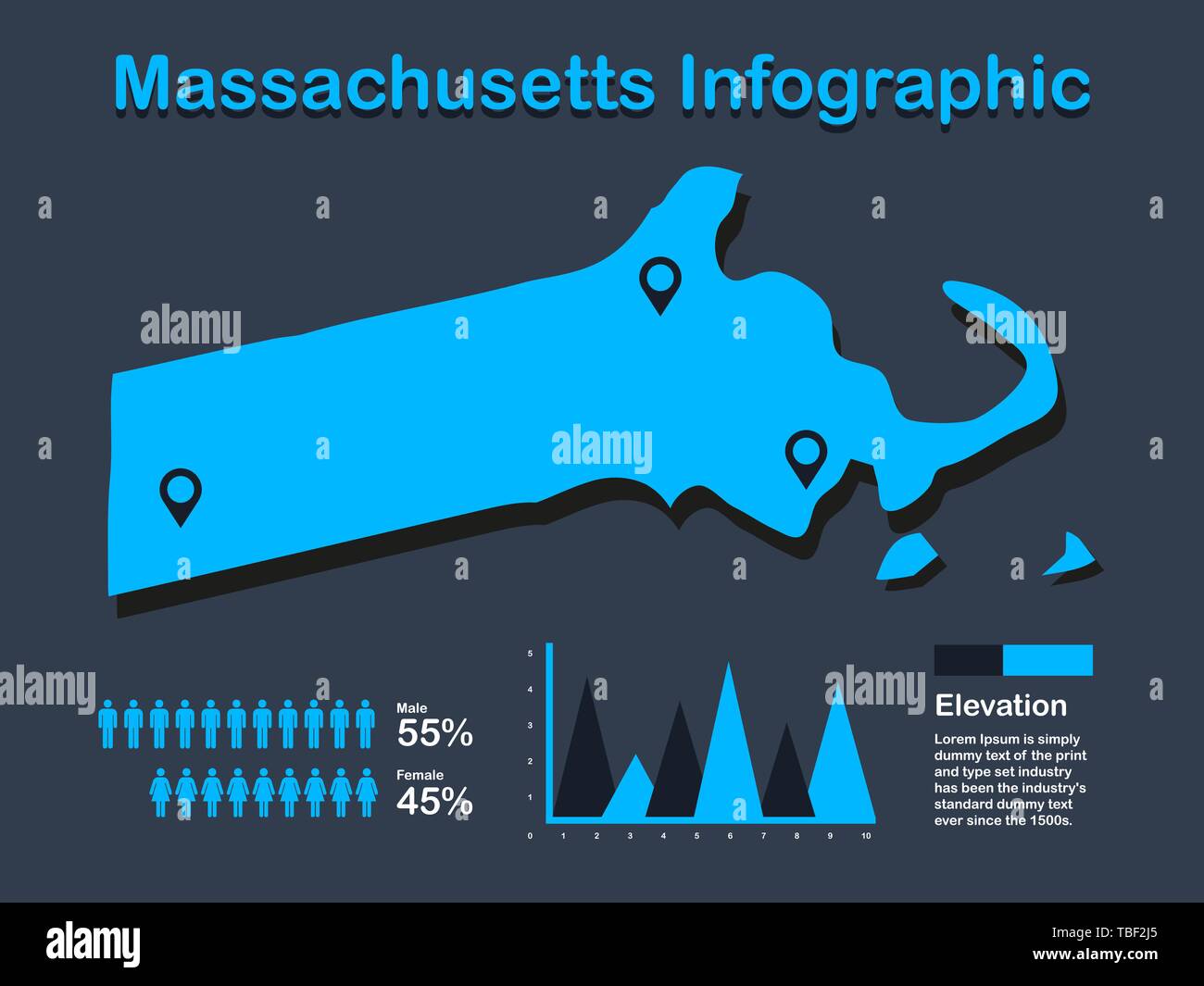 L'État du Massachusetts (USA) avec jeu de carte en couleur bleu Éléments infographique en arrière-plan sombre. L'élément graphique de l'information modernes pour votre conception. Illustration de Vecteur