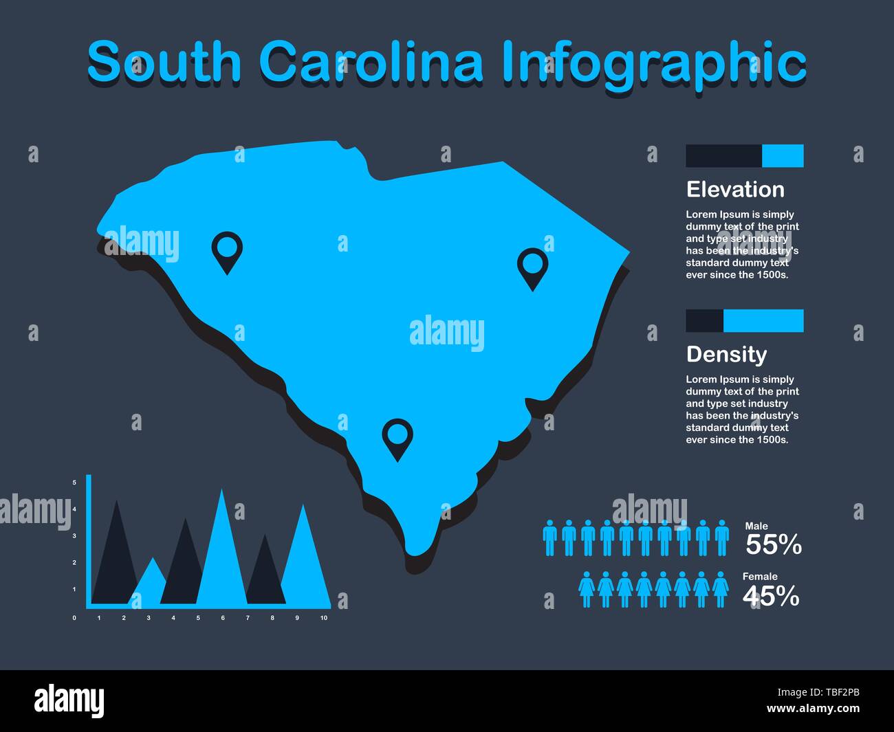 L'Etat de Caroline du Sud (USA) Plan avec ensemble d'éléments en couleur bleu infographique en arrière-plan sombre. L'élément graphique de l'information modernes pour votre conception. Illustration de Vecteur