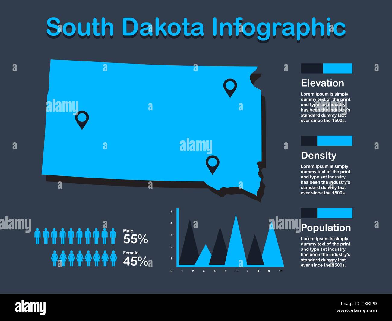 L'État du Dakota du Sud (USA) Plan avec ensemble d'éléments en couleur bleu infographique en arrière-plan sombre. L'élément graphique de l'information modernes pour votre conception. Illustration de Vecteur