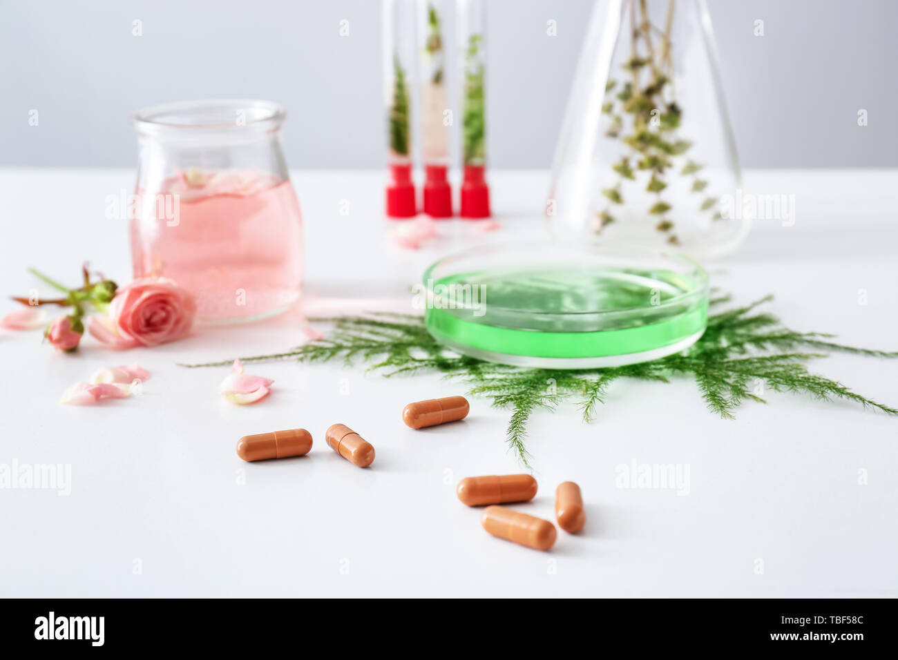 Composition avec les pilules à base de plantes sur la table Banque D'Images