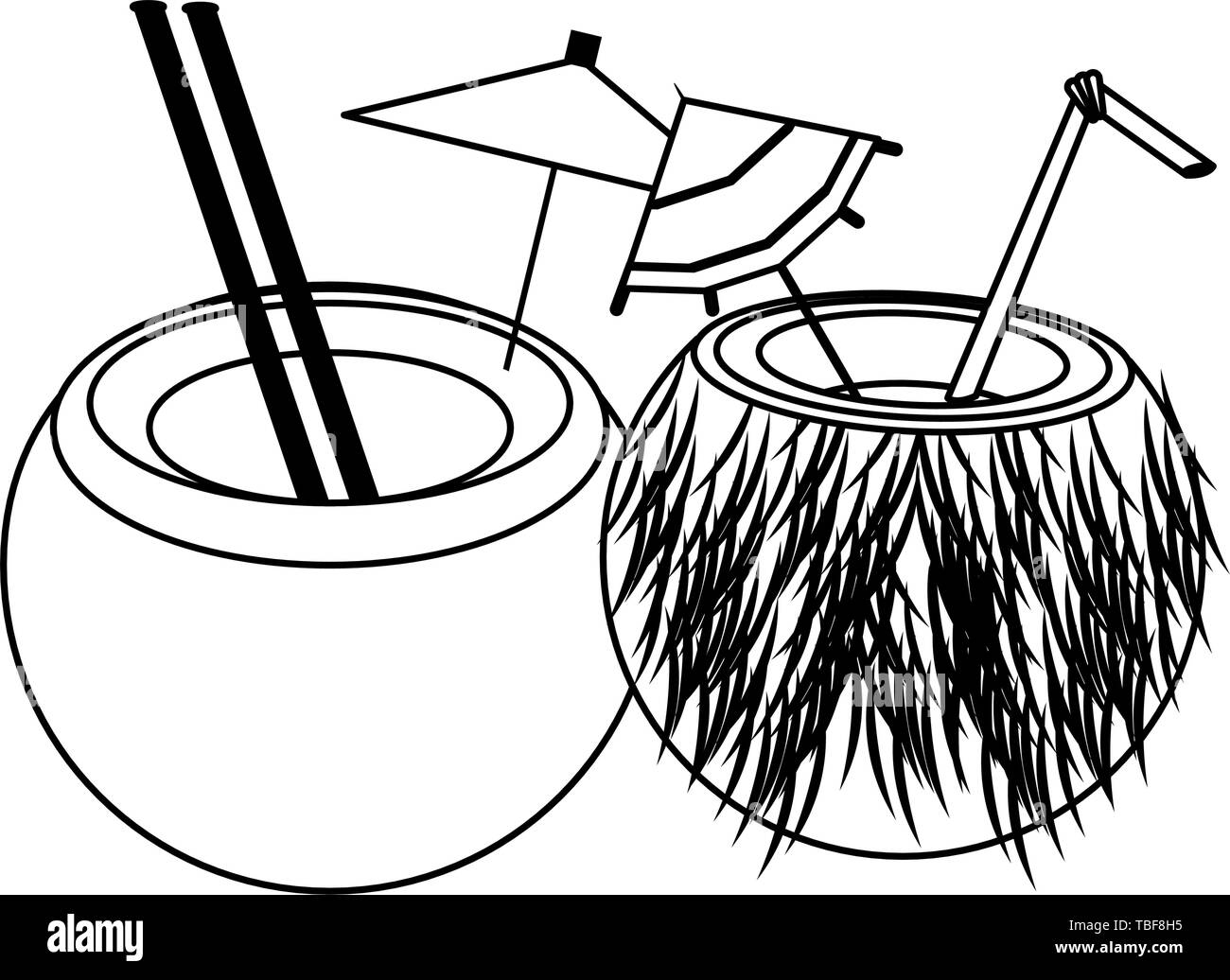 Des cocktails de plage en été isolé de dessin animé en noir et blanc Illustration de Vecteur