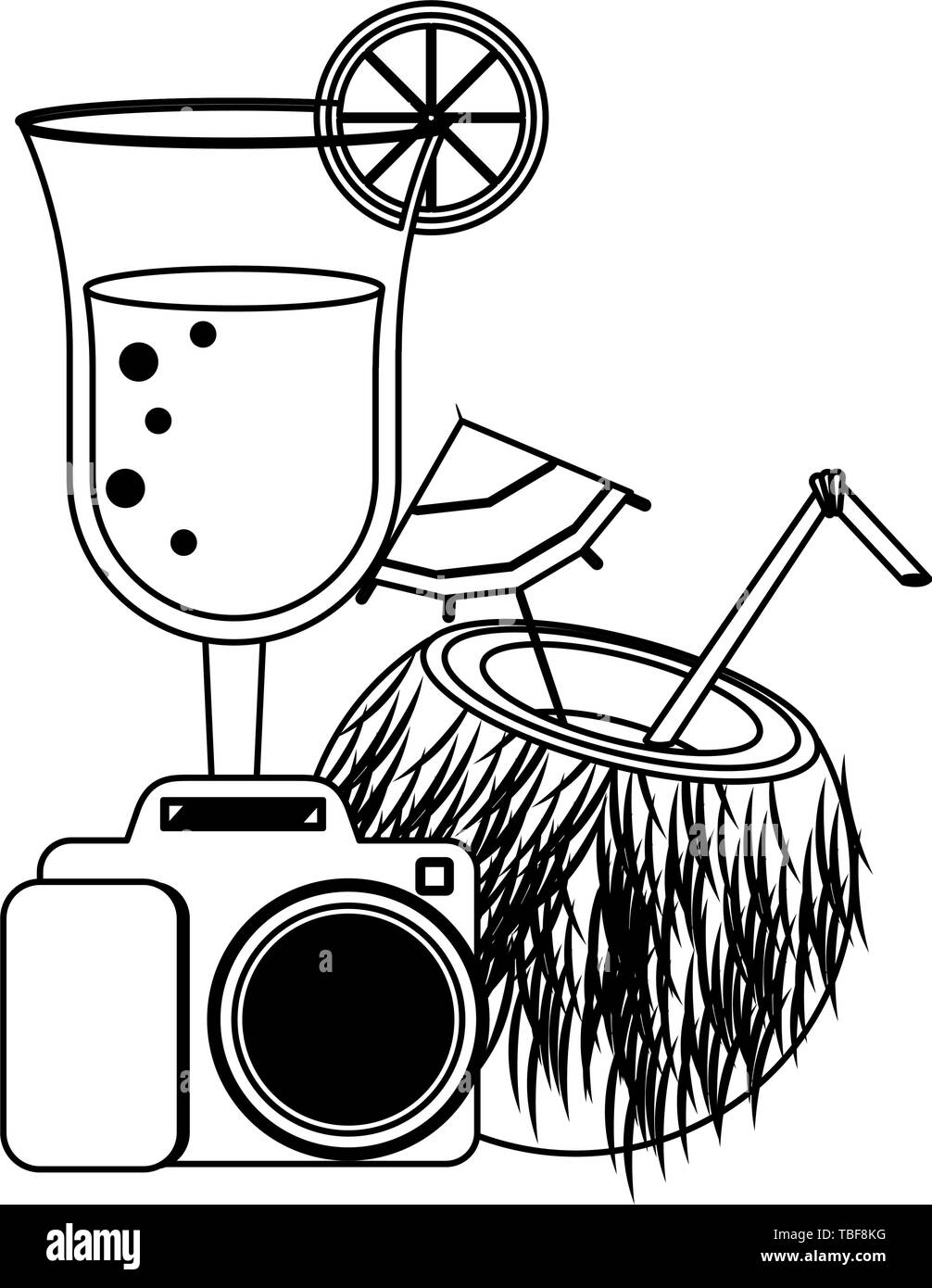 L'été et les vacances à la plage dessins animés en noir et blanc Illustration de Vecteur