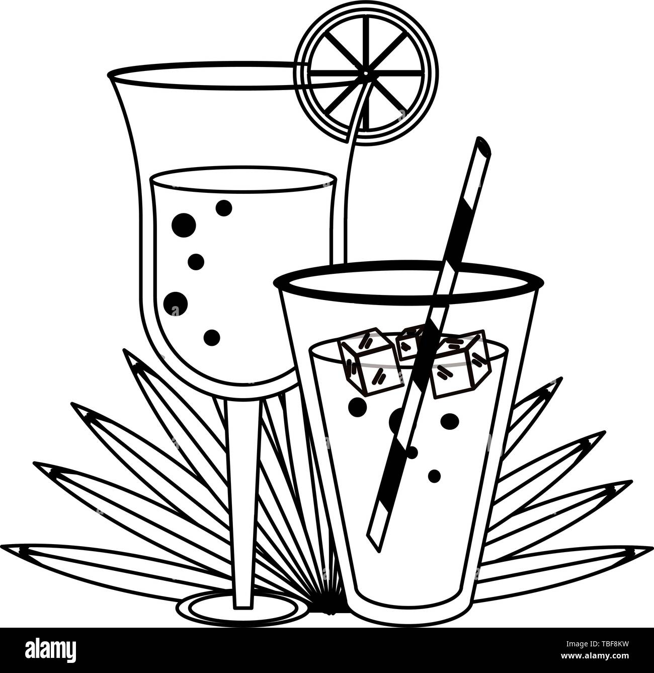 L'été et les vacances à la plage dessins animés en noir et blanc Illustration de Vecteur