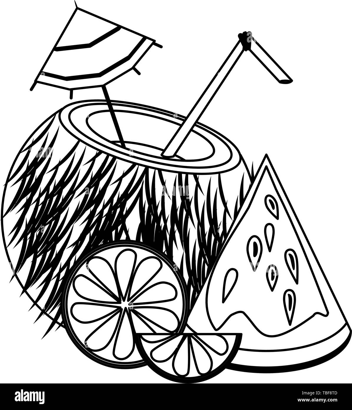 Caricatures d'été des boissons et cocktails en noir et blanc Illustration de Vecteur