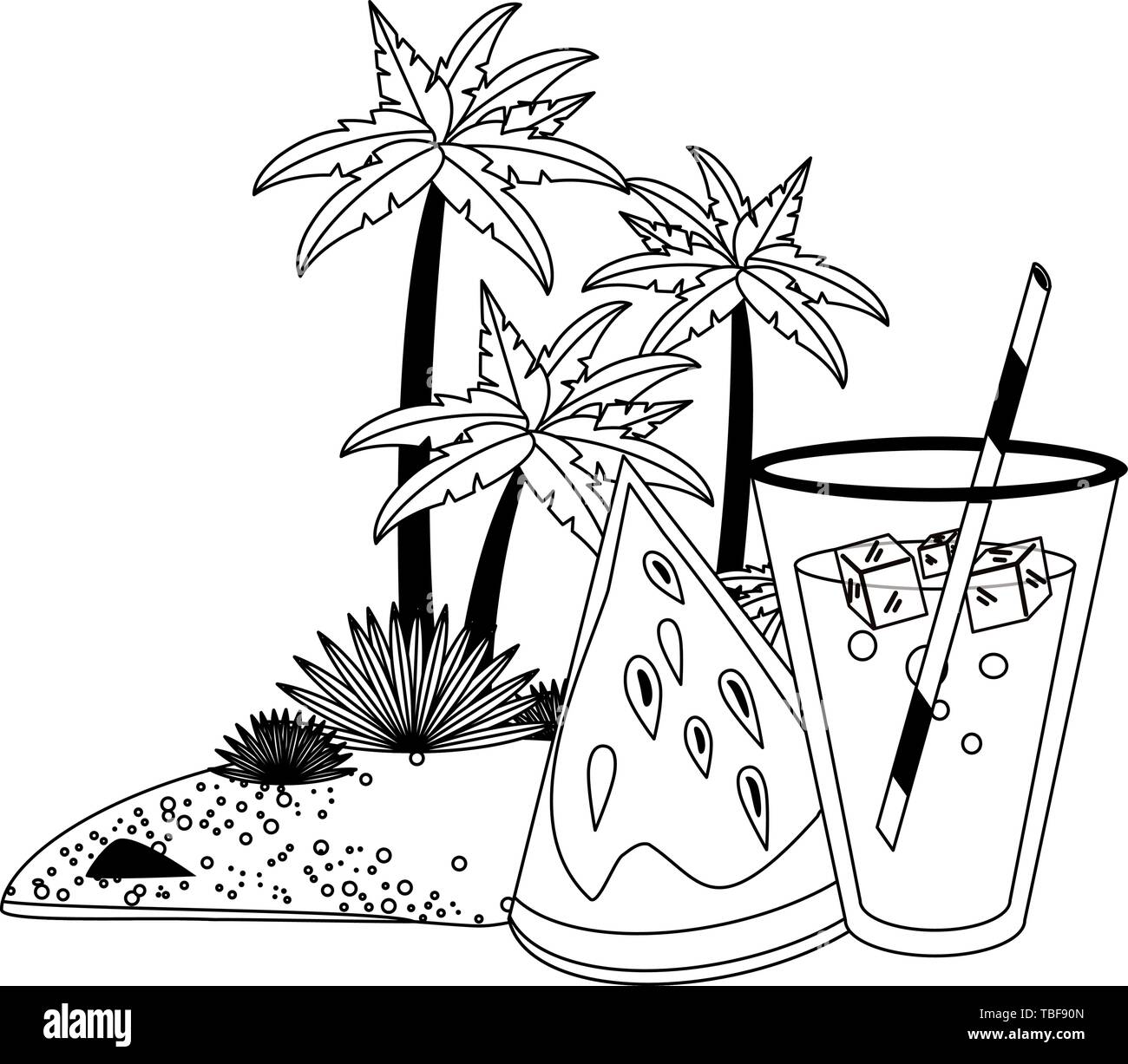 Caricatures d'été des boissons et cocktails en noir et blanc Illustration de Vecteur