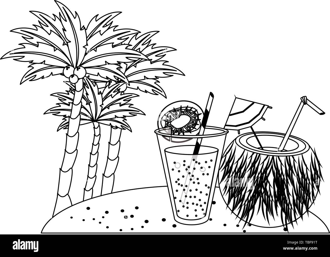 Caricatures d'été des boissons et cocktails en noir et blanc Illustration de Vecteur