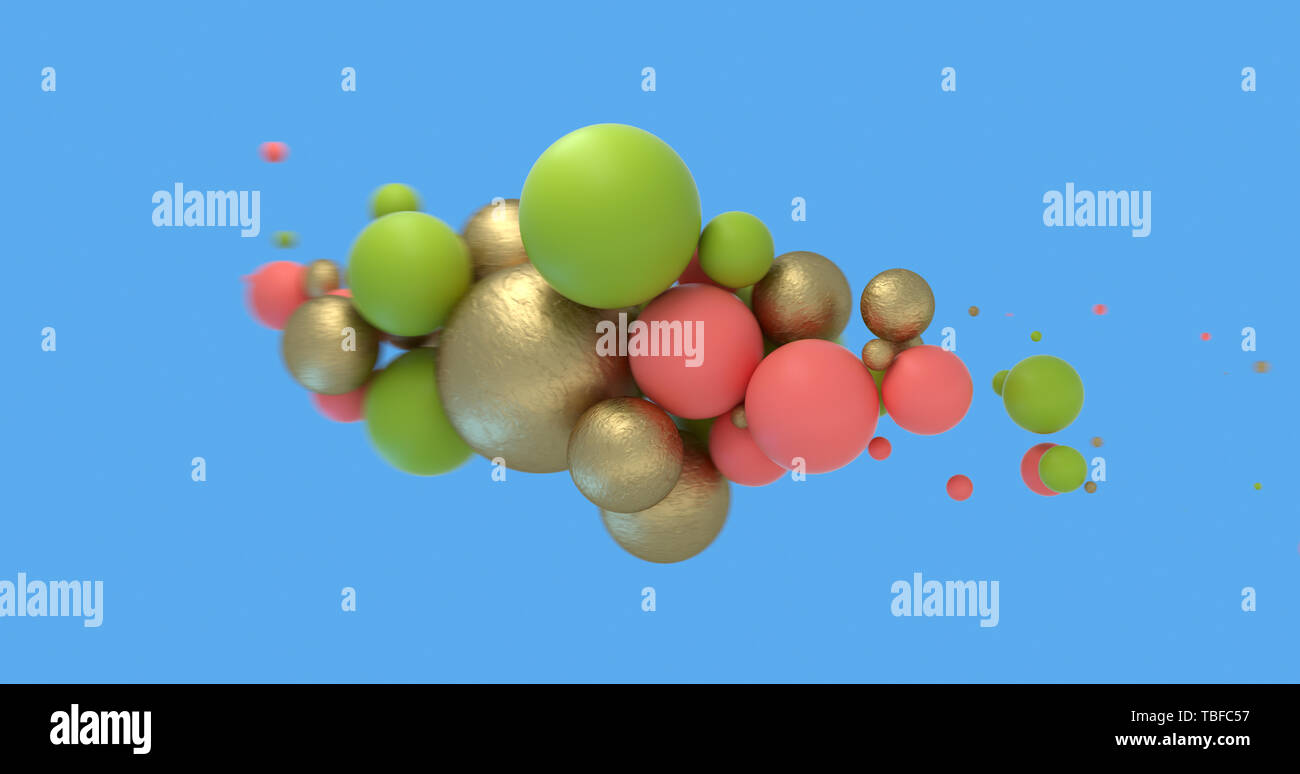 Résumé fond avec Corail vivant, vert et or de sphères sur bleu. Vente de mode design de bannières. Illustration 3D render Banque D'Images