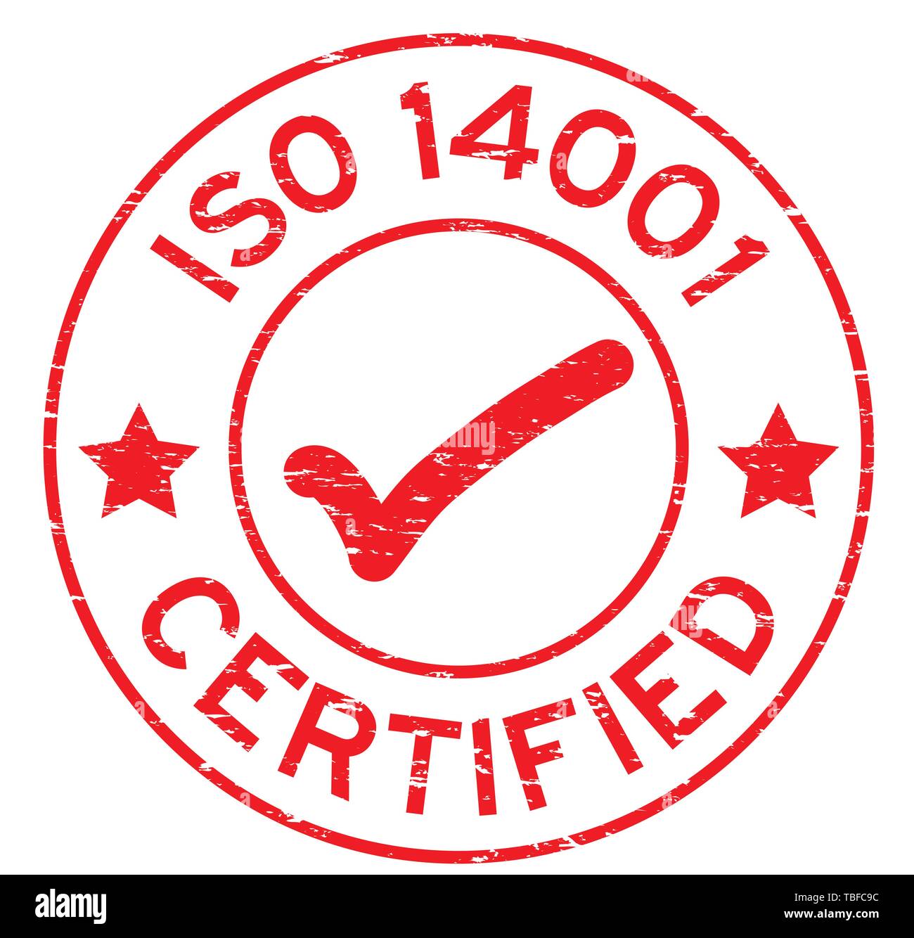 Grunge certifié ISO 14001 rouge avec interrogation round joint en caoutchouc stamp sur fond blanc Illustration de Vecteur
