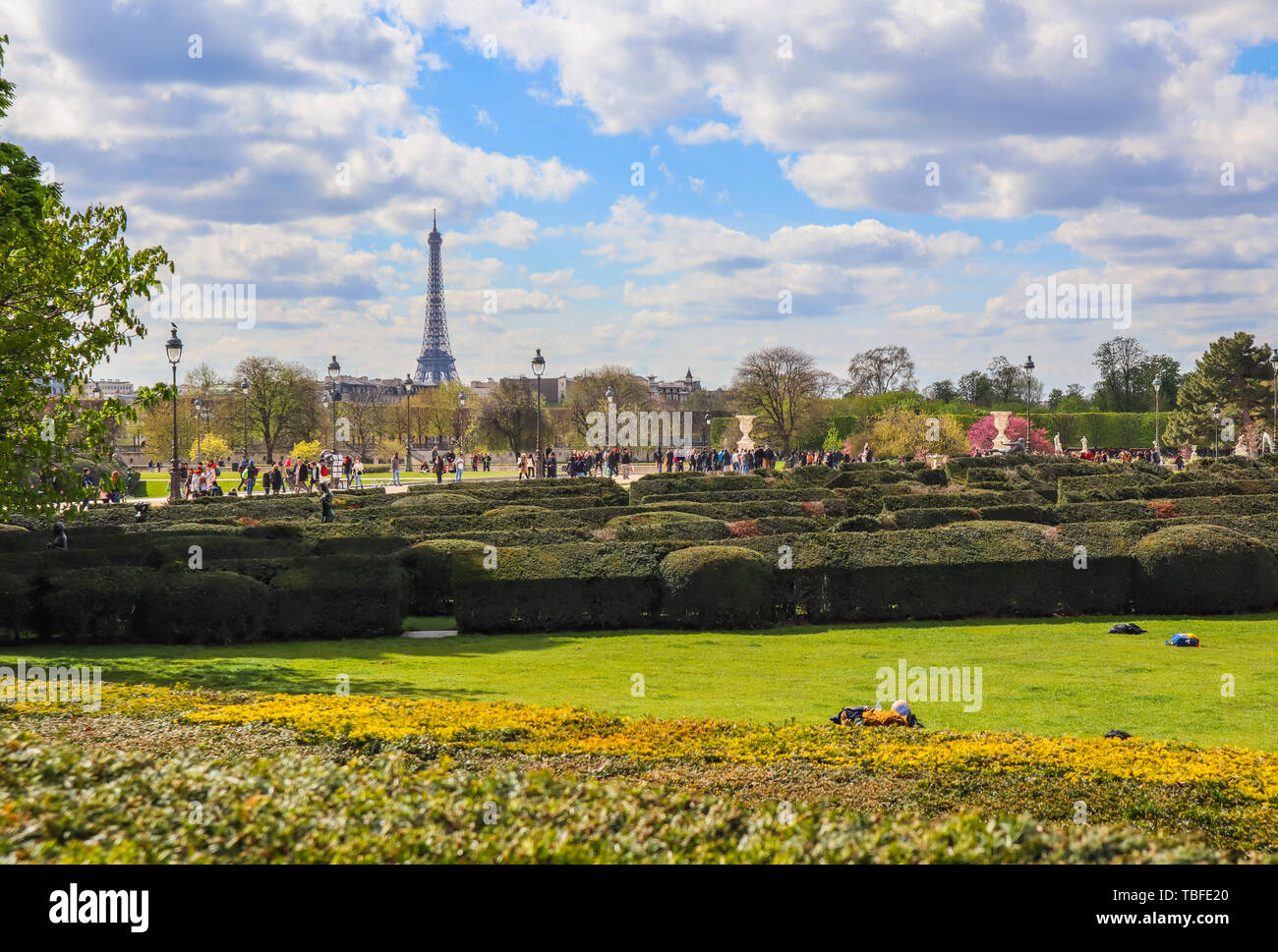 Paris / France - le 04 avril 2019 : dans la magnifique jardin des Tuileries, du Louvre au printemps. Vue sur la Tour Eiffel Banque D'Images