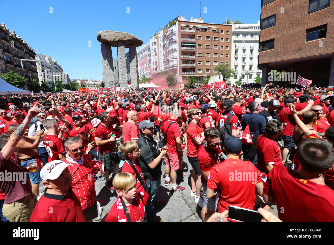 Supporters de Liverpool à Madrid, dans la perspective de la finale de la Ligue des Champions Liverpool v Tottenham Hotspur au Wanda Metropolitan Stadium dans la capitale espagnole le samedi soir. Banque D'Images