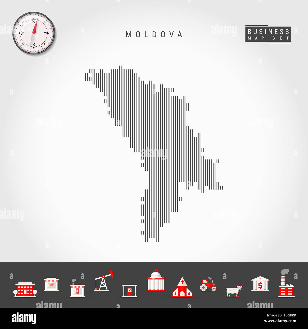 Motif de lignes verticales Plan de la Moldova. Silhouette Simple rayée de la Moldova. Boussole réaliste. L'infographie d'icônes. Banque D'Images