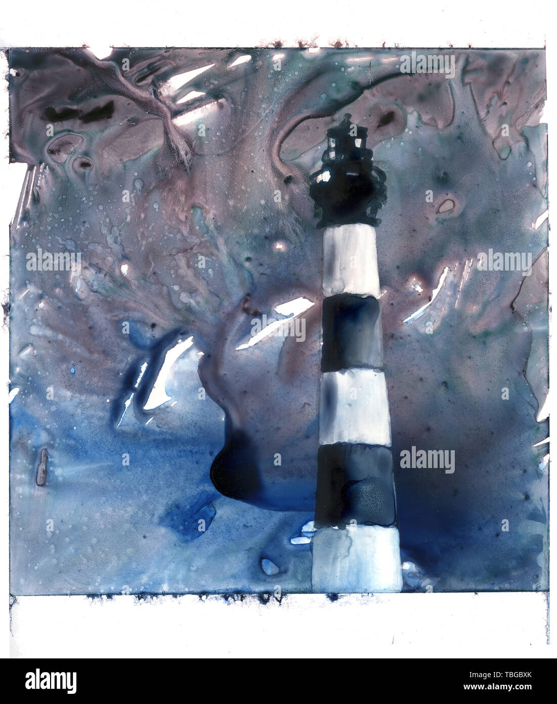 Fine art de l'aquarelle sur synthétique YUPO de Bodie Island Lighthouse sur les Outer Banks de la Caroline du Nord - USA Banque D'Images
