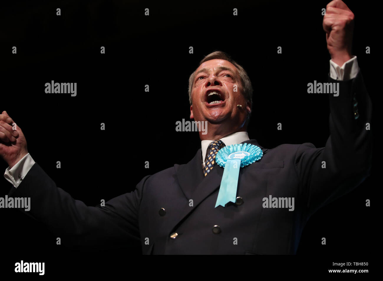 Brexit Nigel Farage chef de parti au cours d'un Brexit rallye Parti au théâtre de Broadway à Peterborough en vue de la prochaine élection partielle. Banque D'Images