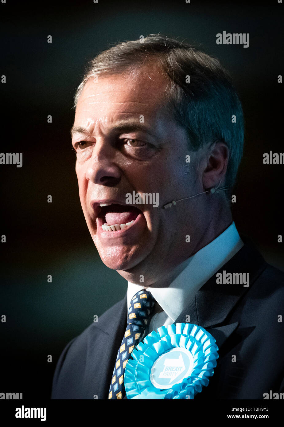 Brexit Nigel Farage chef de parti au cours d'un Brexit rallye Parti au théâtre de Broadway à Peterborough en vue de la prochaine élection partielle. Banque D'Images