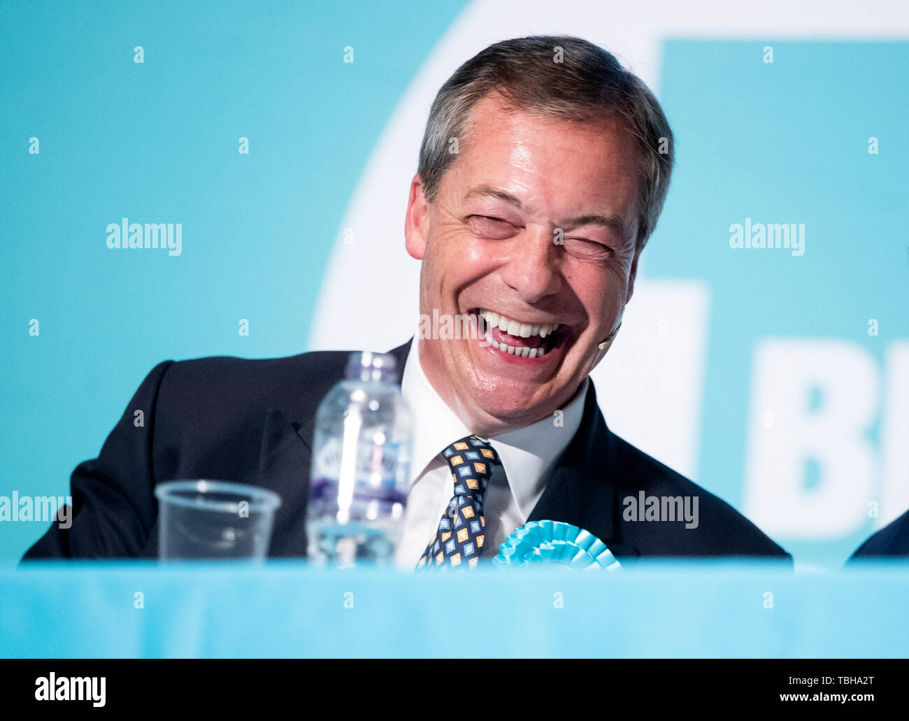 Brexit Nigel Farage chef de parti au cours d'un Brexit rallye Parti au théâtre de Broadway à Peterborough en vue de la prochaine élection partielle. Banque D'Images