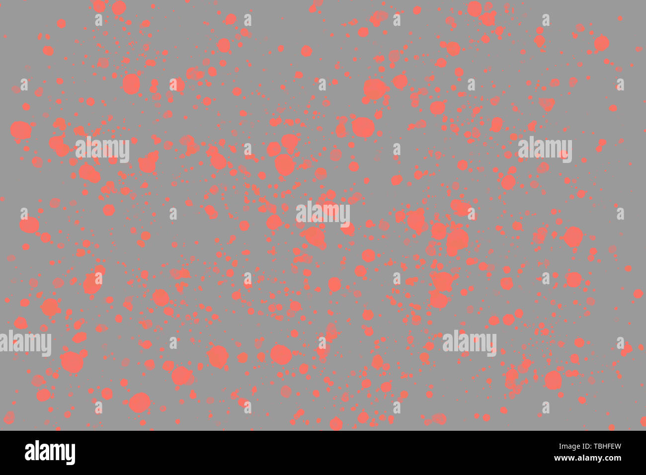 Couleur corail vivant de l'année 2019. Corail lumineuse ronde aléatoire éclaboussures de peinture sur fond gris. Abstract texture colorée Banque D'Images