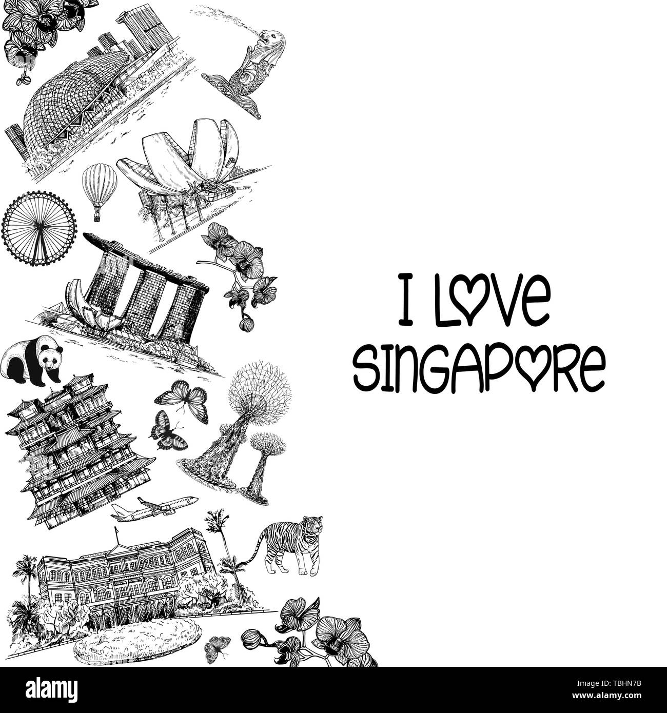 Poster/carte composition du croquis à main objets associés Singapour style isolé sur fond blanc. Vector illustration. Illustration de Vecteur
