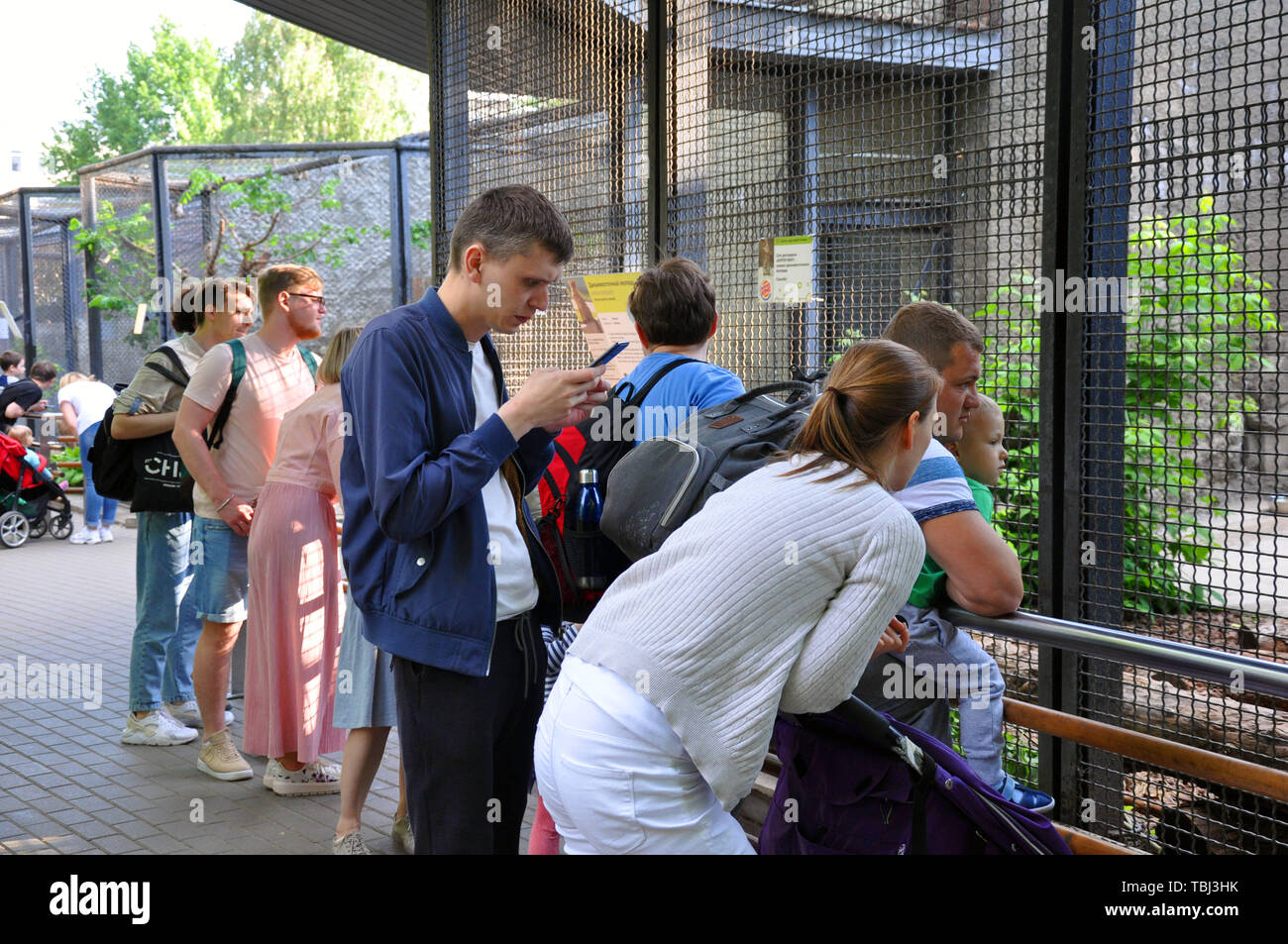 Moscou, Russie - 25 mai 2019 : une foule de personnes prendre des photos et enregistrer des vidéos à partir de téléphones mobiles et appareils d'animaux dans le zoo Banque D'Images