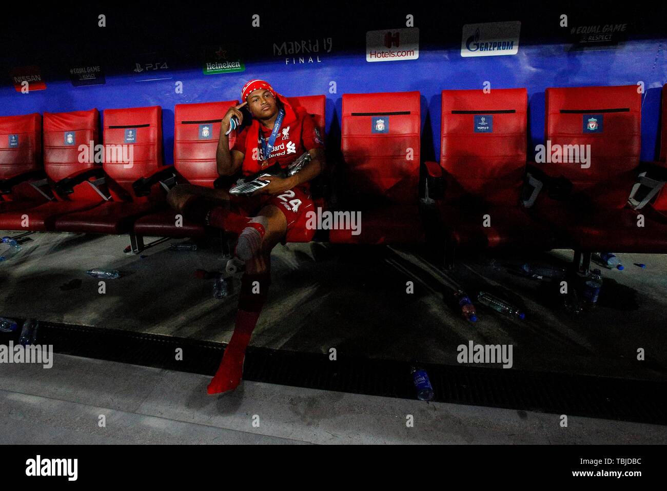 Madrid, Espagne. 01 Juin, 2019. Rhian Brewster de Liverpool célèbre après la finale de la Ligue des Champions match entre Tottenham Hotspur et Liverpool à Wanda Metropolitano le 1 juin 2019 à Madrid, Espagne. (Photo de Daniel Chesterton/phcimages.com) : PHC Crédit Images/Alamy Live News Banque D'Images