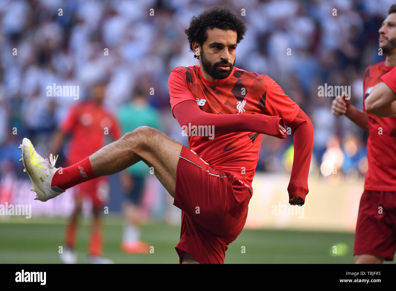 Madrid, Espagne. 01 Juin, 2019. Mohamed Salah (Liverpool) réchauffe, action, prise de vue unique, une coupe mobile, la moitié de la figure, la moitié de la figure. Finale de la Ligue des Champions de football 2019/Tottenham Hotspur-Liverpool FC 0-2, Saison2018/19, au 01.06.2019, Wanda Stade Metropolitano. Utilisation dans le monde entier | Credit : dpa/Alamy Live News Banque D'Images