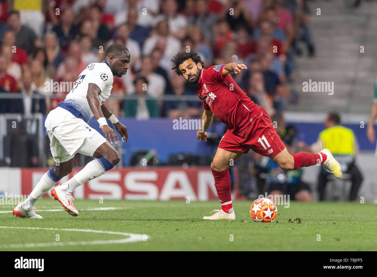 Mohamed Salah Ghaly (Liverpool FC) Moussa Sissoko (Tottenham Hotspur F.C.) lors de la finale de la Ligue des Champions match entre Tottenham 0-2 Liverpool FC à l'Estadio Metropolitano de Madrid, Espagne, Juin 1, 2019. (Photo de Maurizio Borsari/AFLO) Banque D'Images