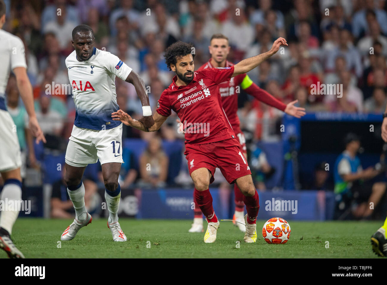 Mohamed Salah Ghaly (Liverpool FC) Moussa Sissoko (Tottenham Hotspur F.C.) lors de la finale de la Ligue des Champions match entre Tottenham 0-2 Liverpool FC à l'Estadio Metropolitano de Madrid, Espagne, Juin 1, 2019. (Photo de Maurizio Borsari/AFLO) Banque D'Images