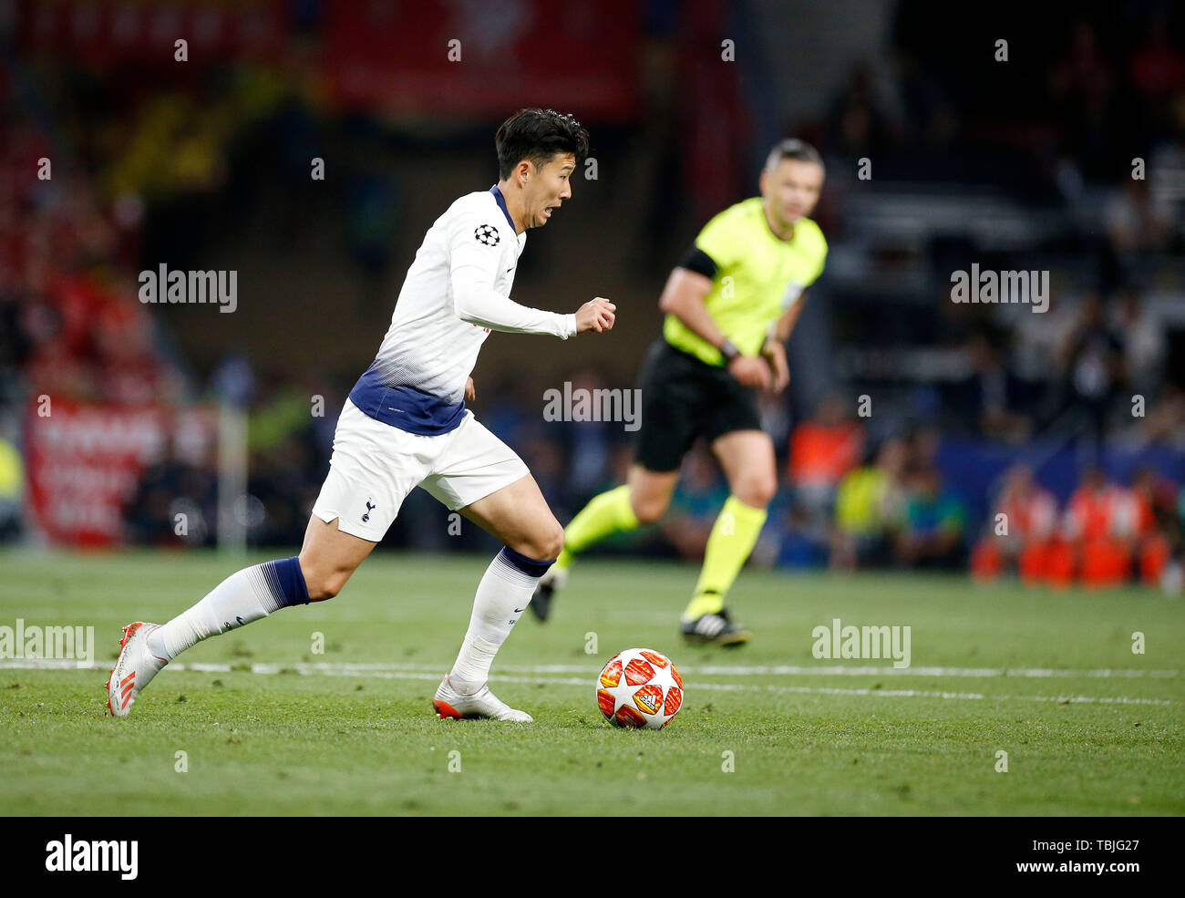 Madrid, Espagne. 01 Juin, 2019. Tottenham Hotspur FC's Heung-Min fils vu en action lors de la Finale de la Ligue des Champions match entre Tottenham Hotspur FC et Liverpool FC au stade Wanda Metropolitano de Madrid. Score final : Tottenham Hotspur FC 0 - 2 Liverpool FC. Credit : SOPA/Alamy Images Limited Live News Banque D'Images