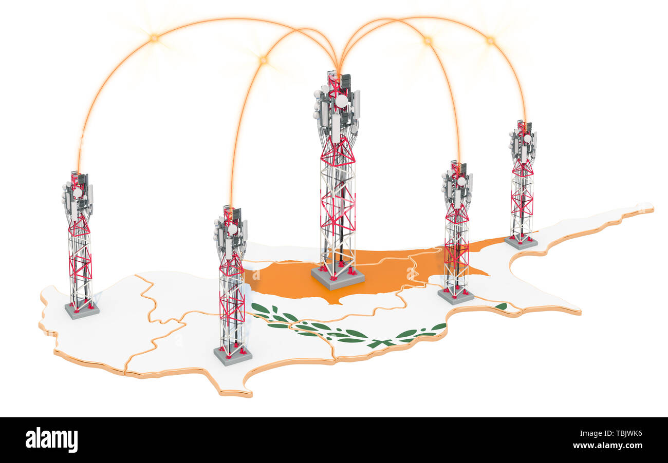 Communications mobiles à Chypre, les antennes relais sur la carte. Le rendu 3D isolé sur fond blanc Banque D'Images