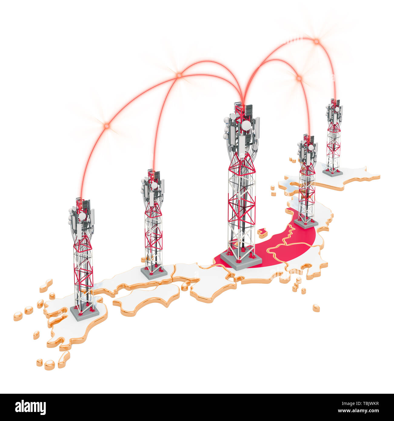 Les communications mobiles au Japon, les antennes relais sur la carte. Le rendu 3D isolé sur fond blanc Banque D'Images