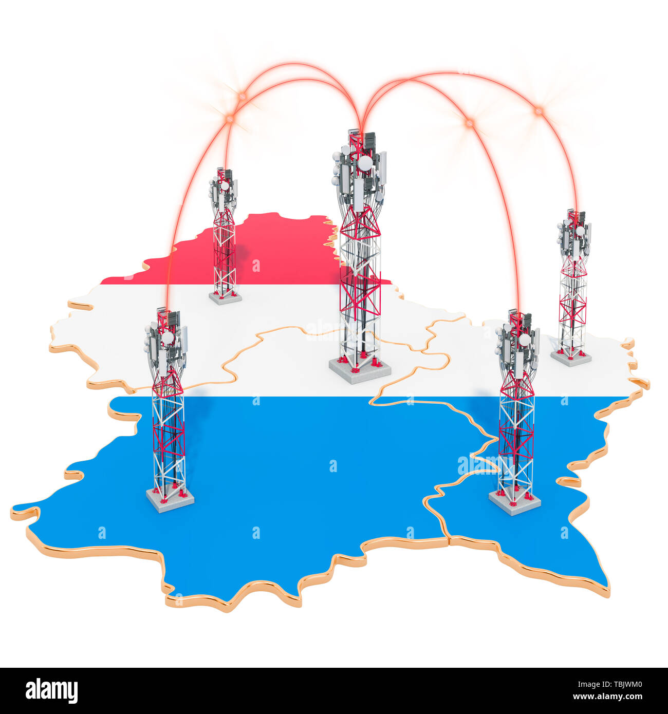 Les communications mobiles au Luxembourg, les antennes relais sur la carte. Le rendu 3D isolé sur fond blanc Banque D'Images