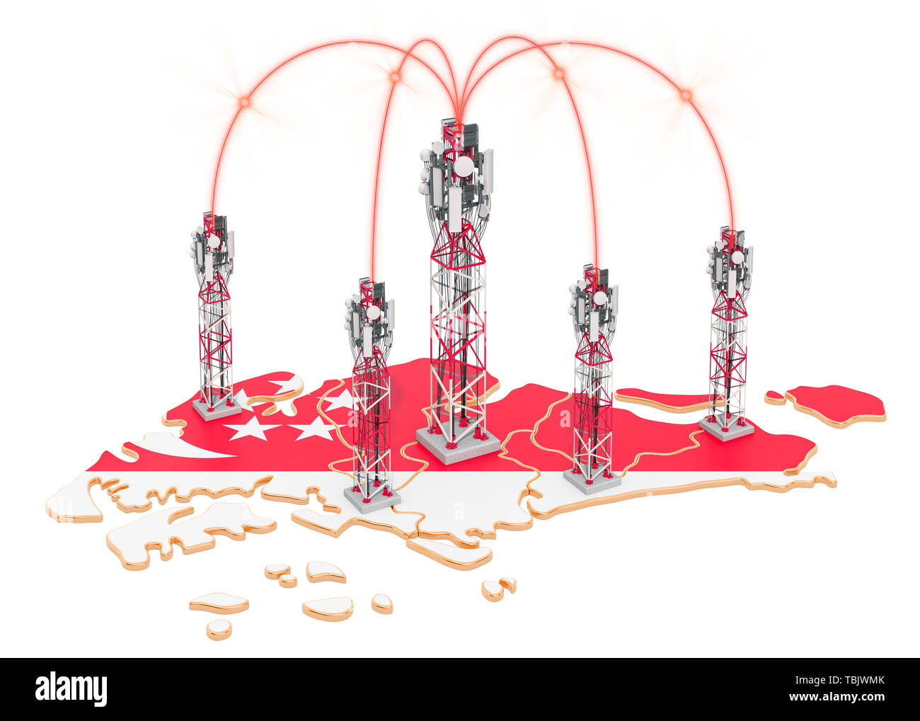 Communications mobiles à Singapour, les antennes relais sur la carte. Le rendu 3D isolé sur fond blanc Banque D'Images