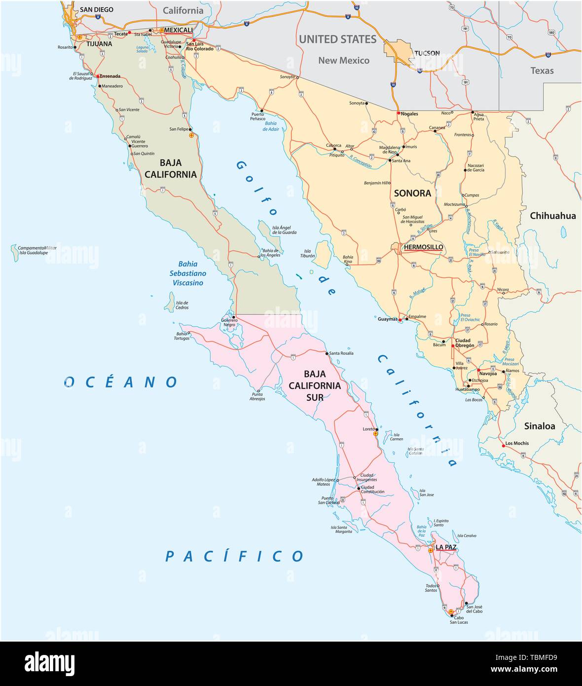 Carte routière de les états mexicains de Basse-californie et Sonora Baja California South Illustration de Vecteur
