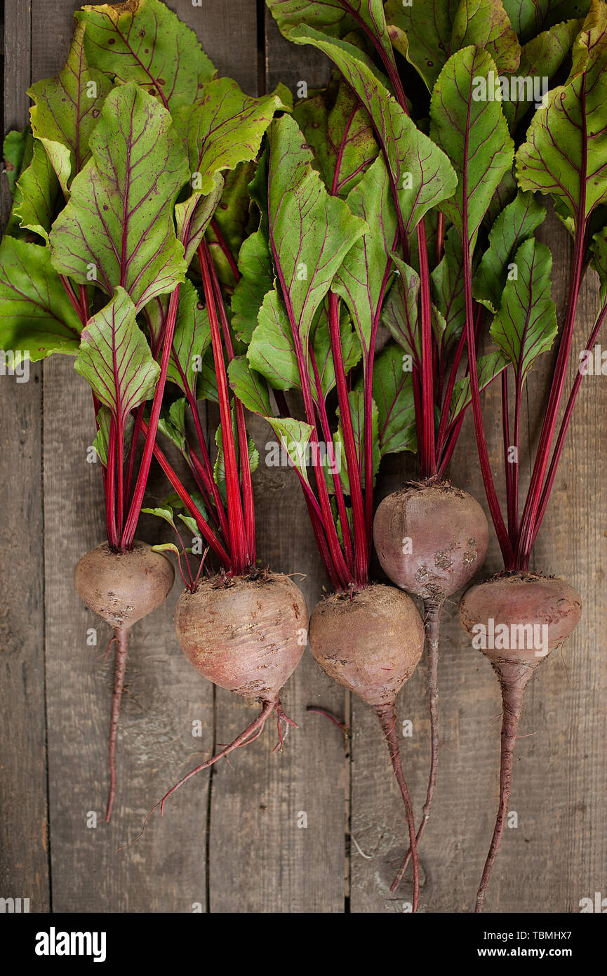 Produits bio frais, betterave betterave sur vieux fond rustique en bois. Concept de régime alimentaire, matières, repas végétarien. Farm, rustique et de style Banque D'Images