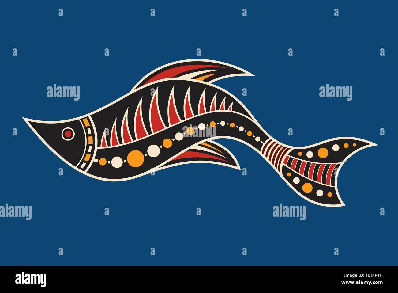 Le poisson. Style d'art autochtone. Vector illustration couleur isolé sur fond bleu. Illustration de Vecteur