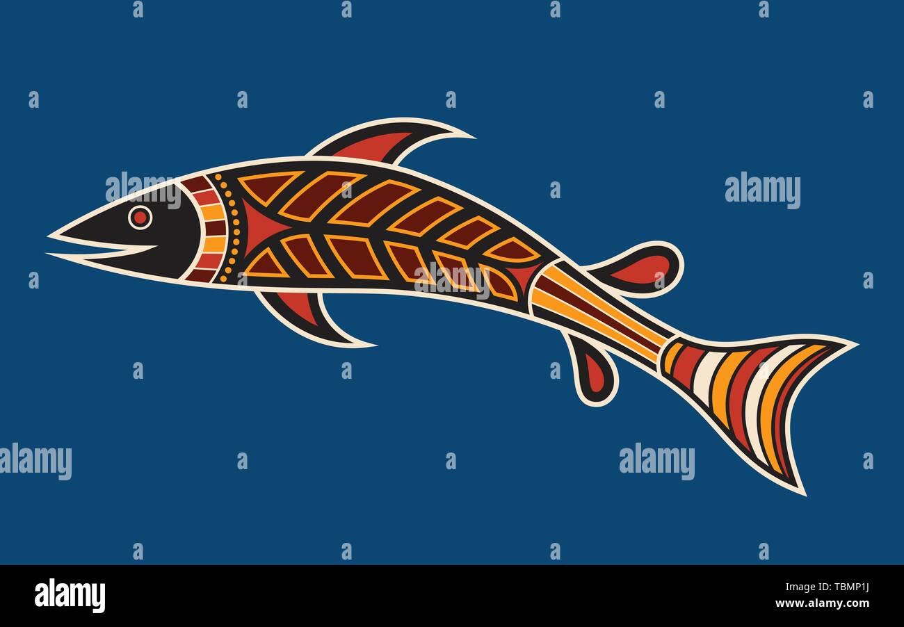 Le poisson. Style d'art autochtone. Vector illustration couleur isolé sur fond bleu. Illustration de Vecteur