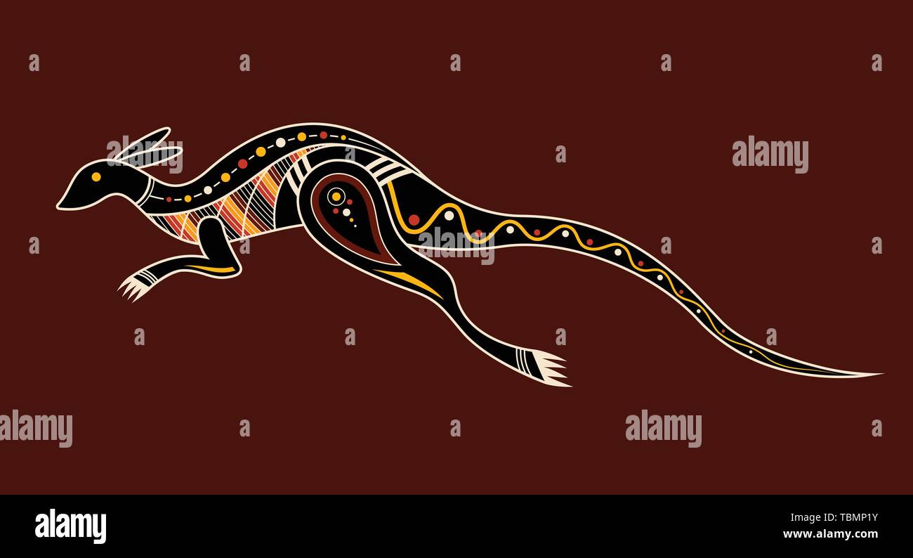 Kangourou. Style d'art autochtone. Vector illustration couleur isolé sur fond brun. Illustration de Vecteur
