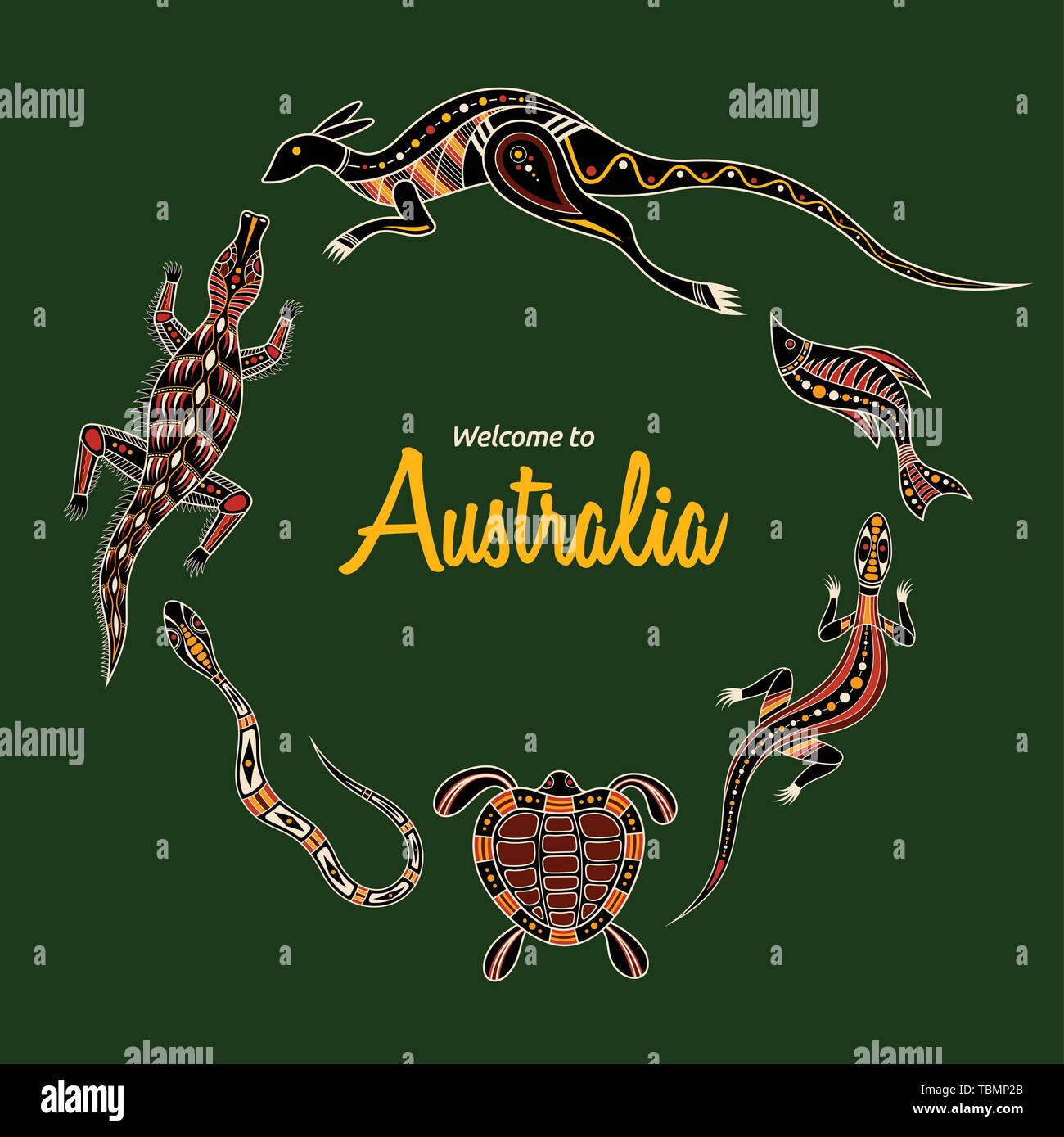 Les animaux de l'Australie. Le kangourou, llizard, crocodile, tortue, serpent, poisson. Style d'art autochtone. Vector illustration couleur isolé sur fond vert. Illustration de Vecteur