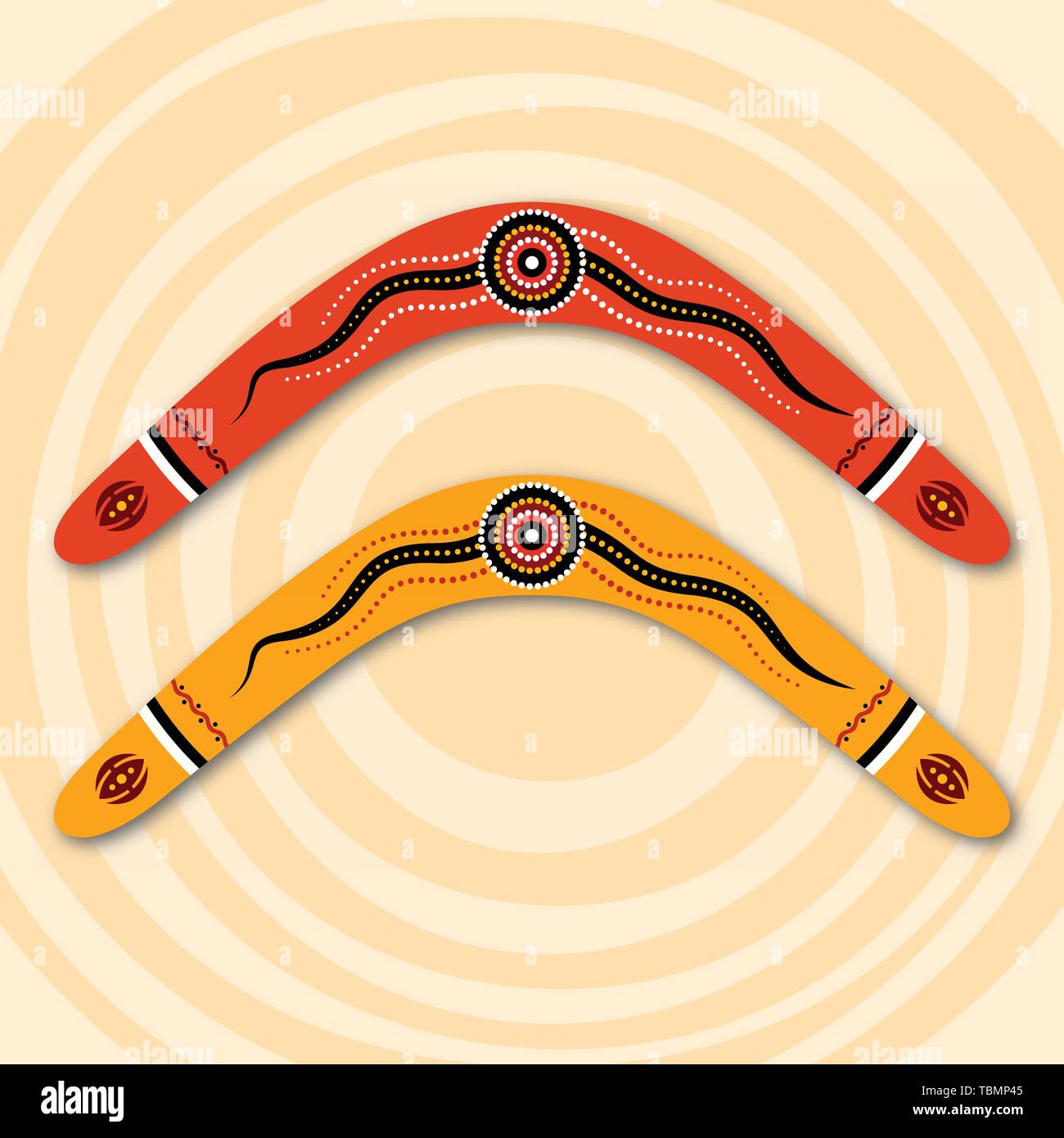 Boomerangs isolé sur fond beige avec des cercles. Style Tribal. Style australien. Vector illustration. Illustration de Vecteur