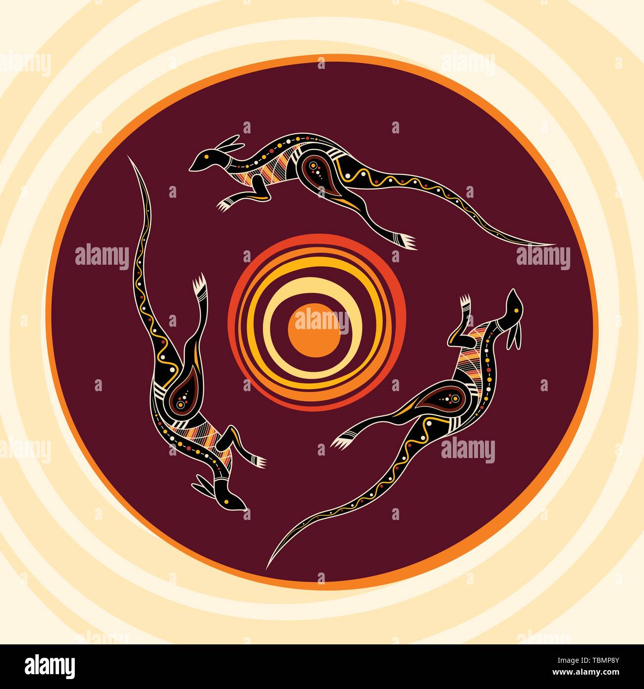 Kangourous sauter autour du soleil. Style des autochtones. Abstract Vector illustration en couleur. Illustration de Vecteur