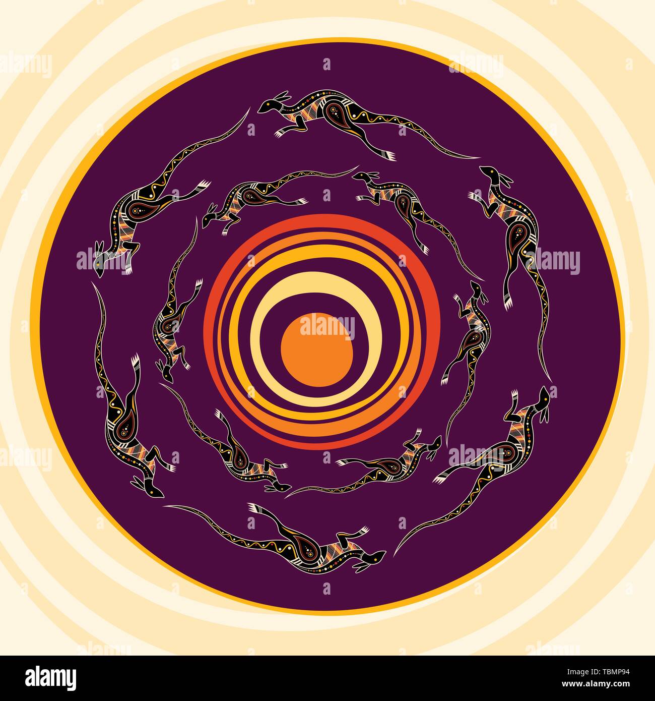 Kangourous sauter autour du soleil. Style des autochtones. Abstract Vector illustration. Illustration de Vecteur