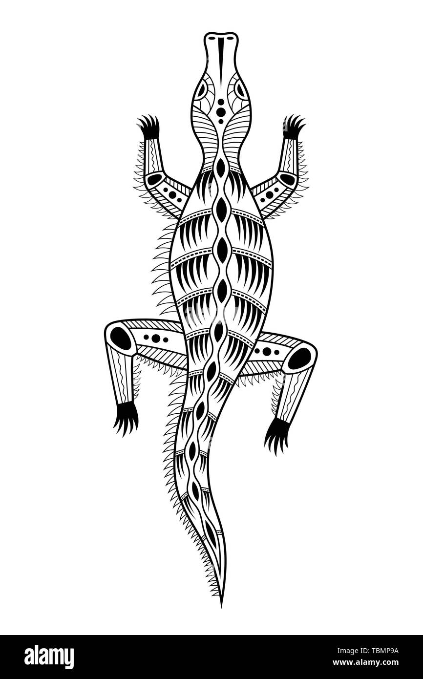 Crocodile. Style d'art autochtone. Tatoo. Logo noir et blanc. Vector illustration monochrome isolé sur fond blanc. Illustration de Vecteur