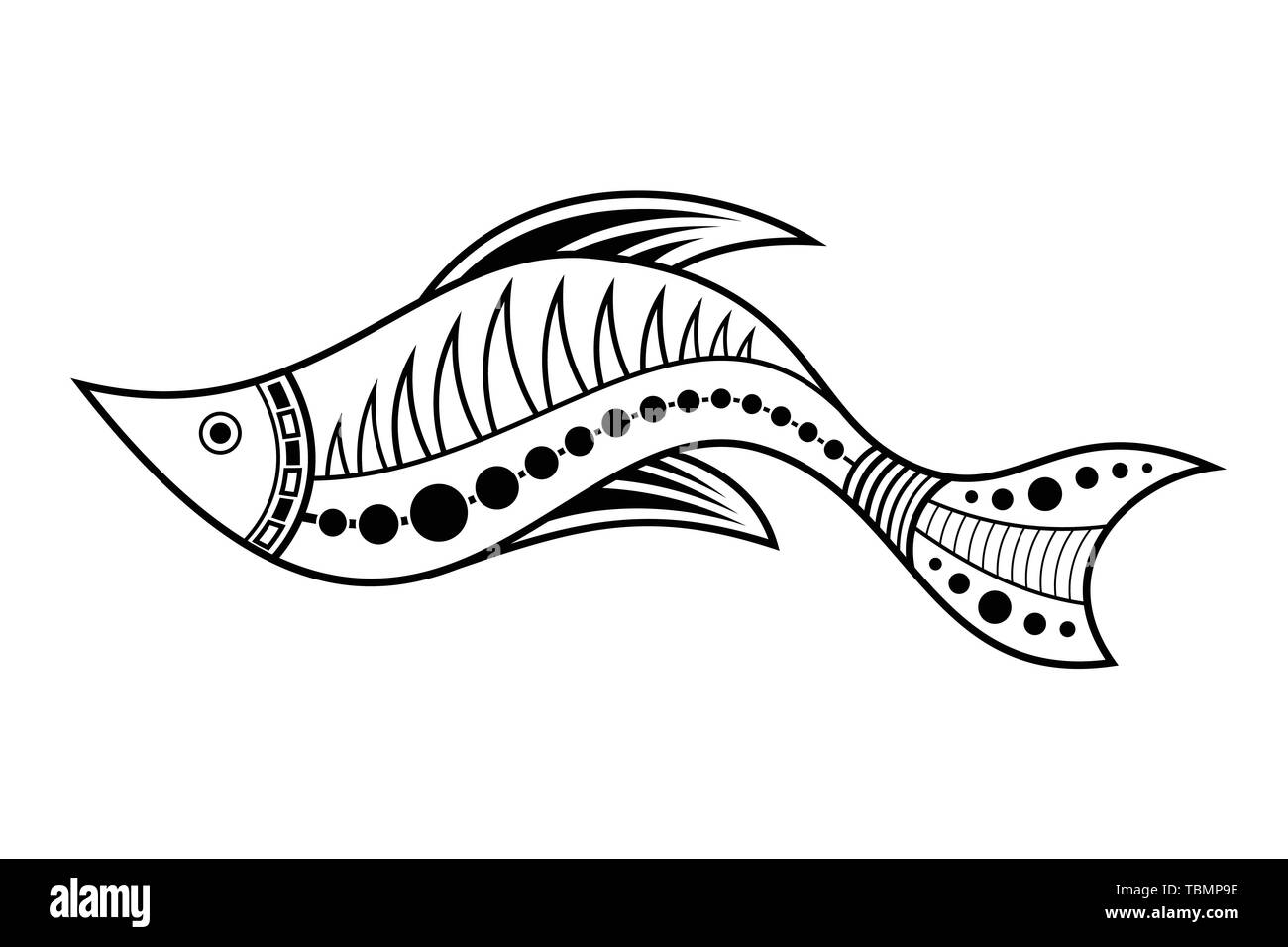 Le poisson. Style d'art autochtone. Tatoo. Logo noir et blanc. Vector illustration monochrome isolé sur fond blanc. Illustration de Vecteur