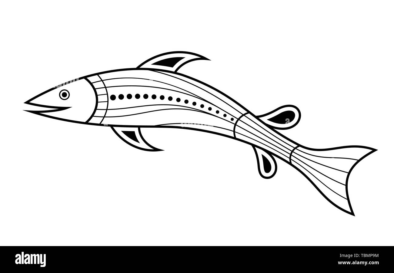 Le poisson. Style d'art autochtone. Tatoo. Logo noir et blanc. Vector illustration monochrome isolé sur fond blanc. Illustration de Vecteur