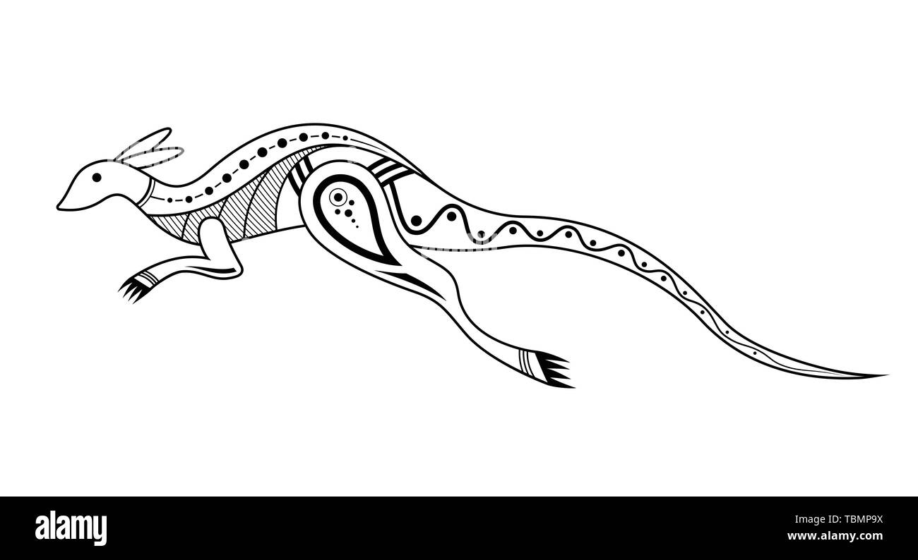 Kangourou. Style d'art autochtone. Tatoo. Logo noir et blanc. Vector illustration monochrome isolé sur fond blanc. Illustration de Vecteur