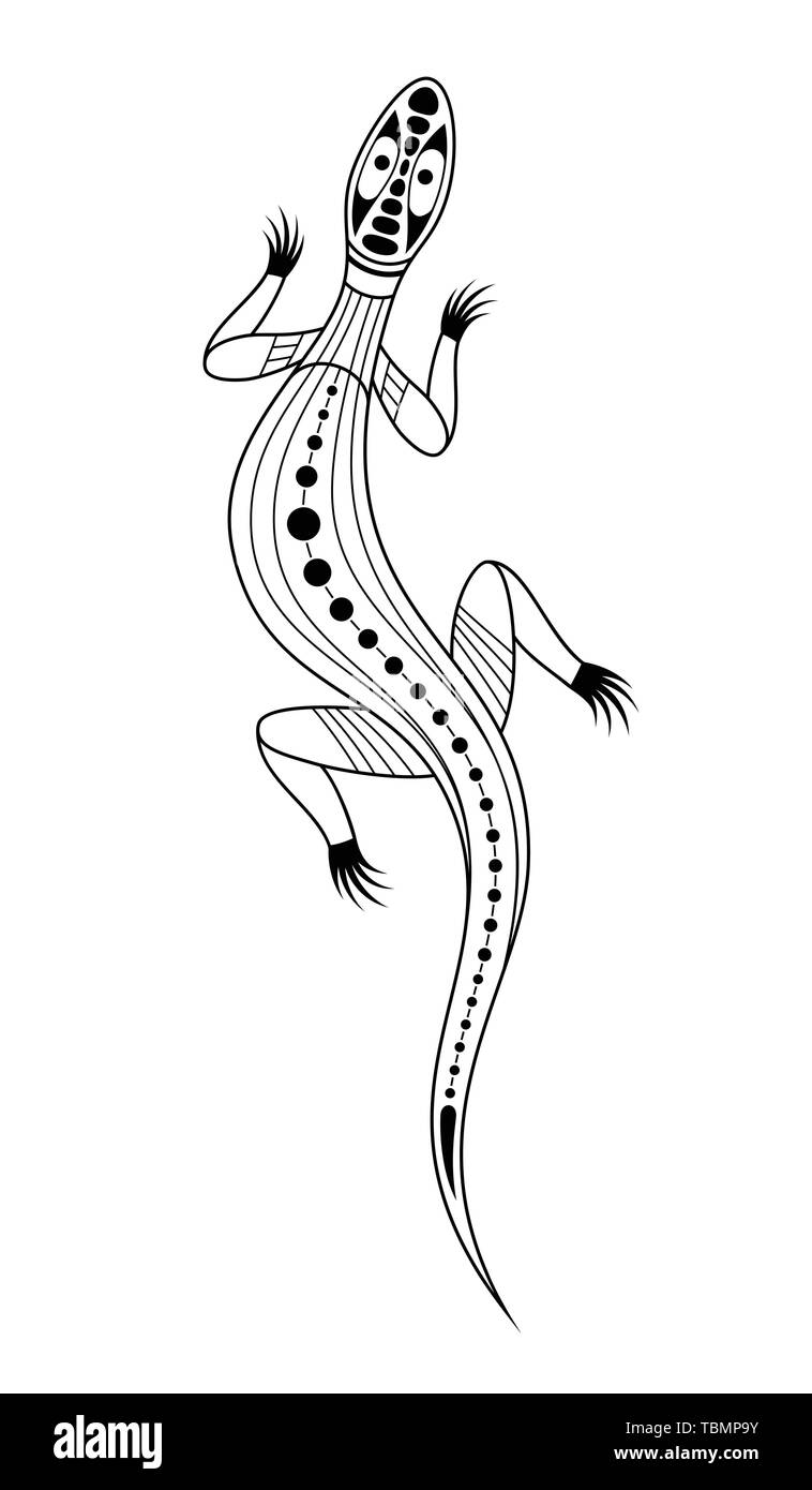Lézard. Style d'art autochtone. Tatoo. Logo noir et blanc. Vector illustration monochrome isolé sur fond blanc. Illustration de Vecteur