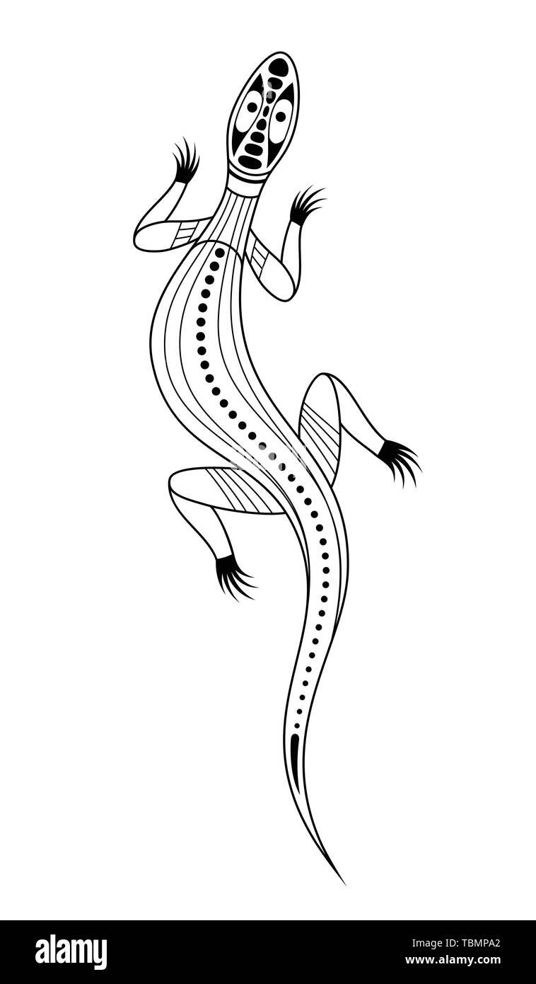 Lézard. Style d'art autochtone. Tatoo. Logo noir et blanc. Vector illustration monochrome isolé sur fond blanc. Illustration de Vecteur
