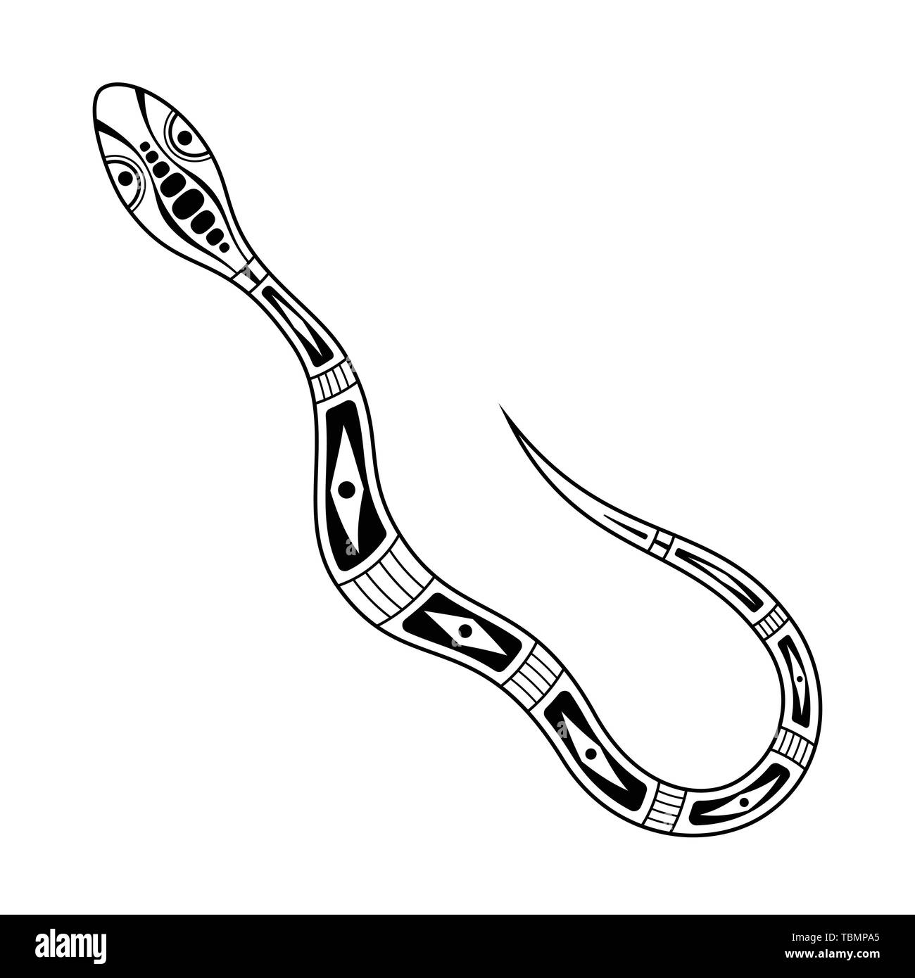 Serpent. Style d'art autochtone. Tatoo. Logo noir et blanc. Vector illustration monochrome isolé sur fond blanc. Illustration de Vecteur