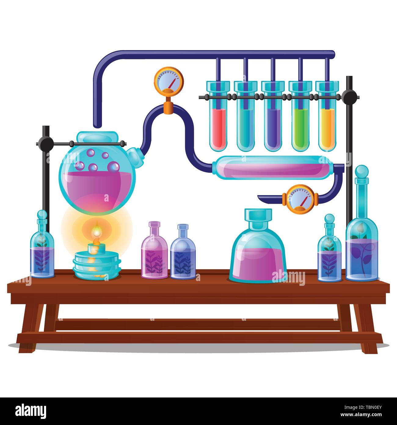 La séquence des couleurs chimiques indésirables, les étapes de la création de potions magiques isolé sur fond blanc. Cartoon Vector illustration close-up. Illustration de Vecteur