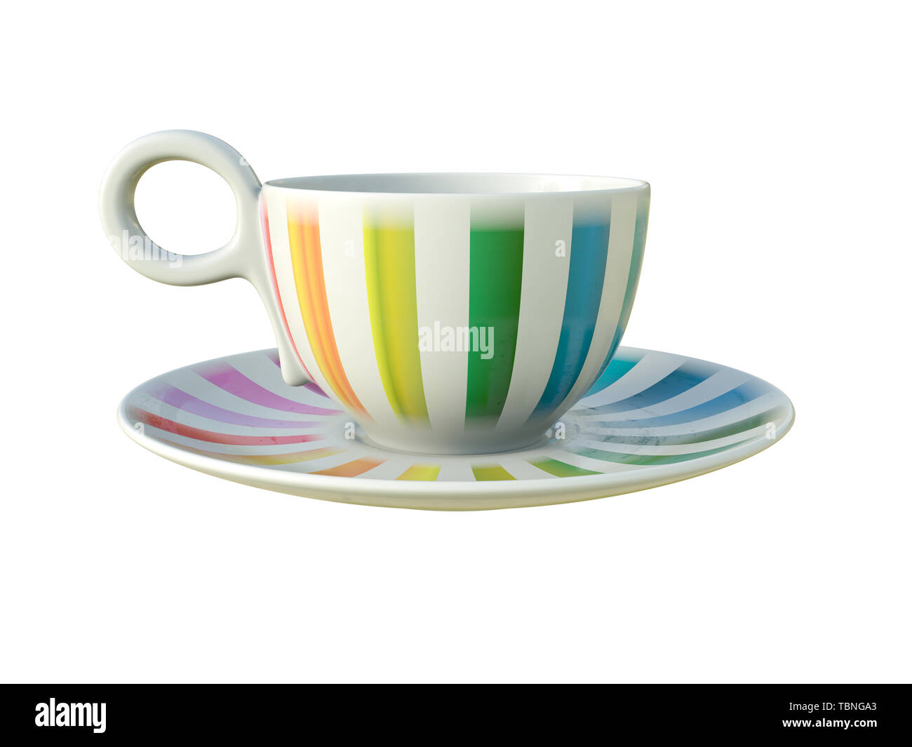 Porcelaine vide la tasse de café ou thé blanc avec rayures colorées sur une soucoupe isolé sur fond blanc. Vaisselle moderne. 3D Illustration. Banque D'Images