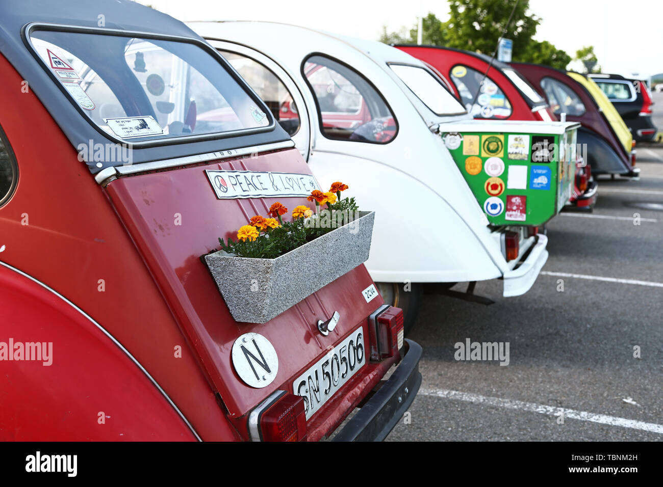 GRÄNNA 20170603 Miljöbil ? Citroën 2CV4 med en blomlåda bagageluckan på. La voiture verte ? Citroën 2CV4 avec une boîte à fleurs sur le couvercle du coffre. Foto Jeppe Gustafsson Banque D'Images